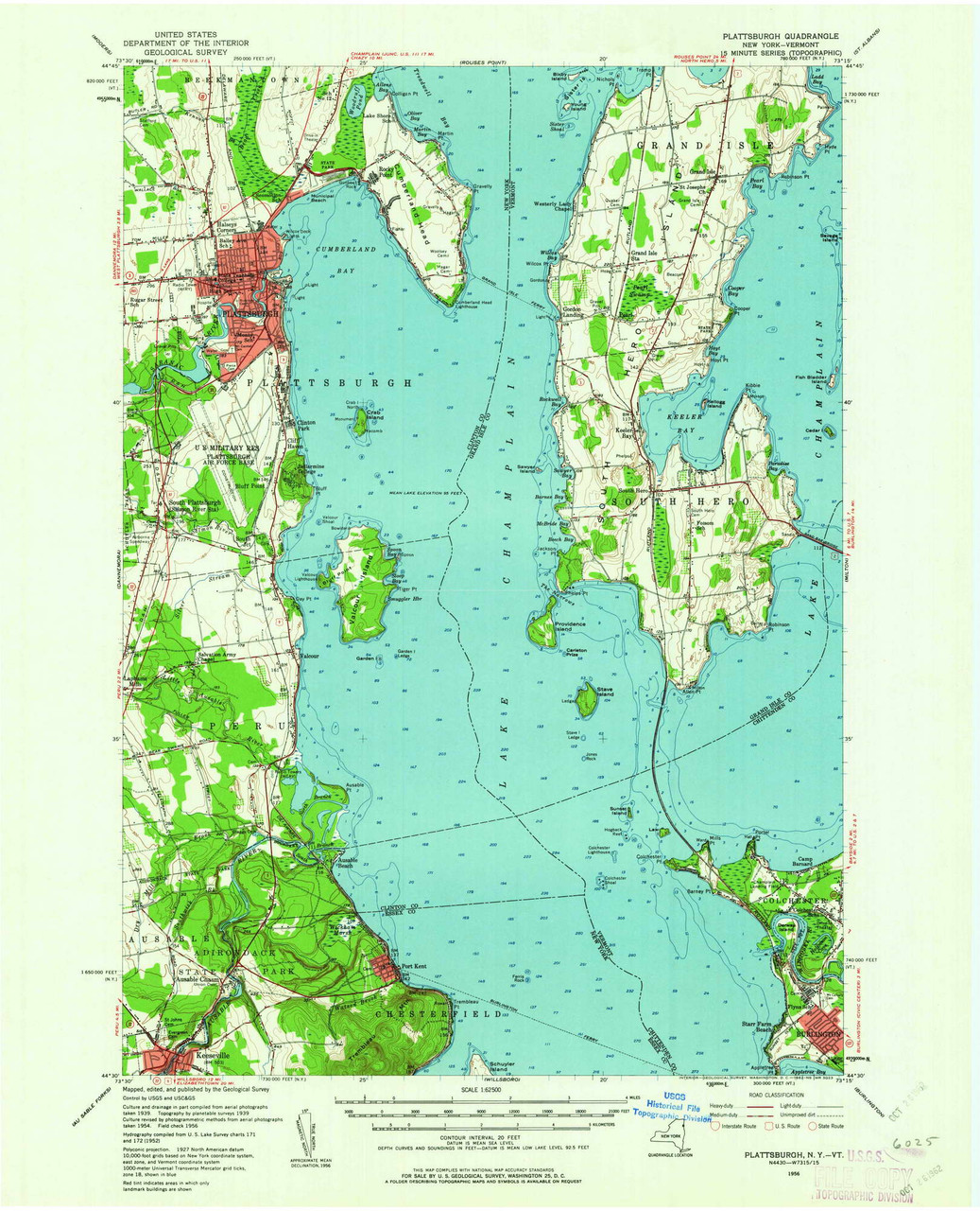 Plattsburgh, New York 1956 (1962) USGS Old Topo Map Reprint 15x15 VT