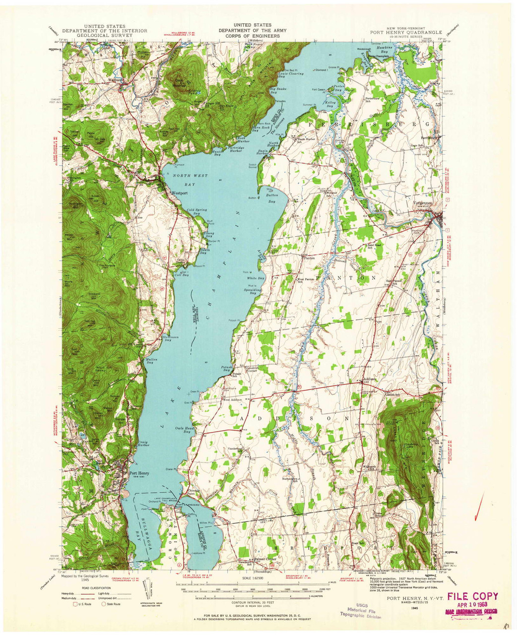 Port Henry, New York 1945 (1963) USGS Old Topo Map Reprint 15x15 VT Quad 129085 OLD MAPS