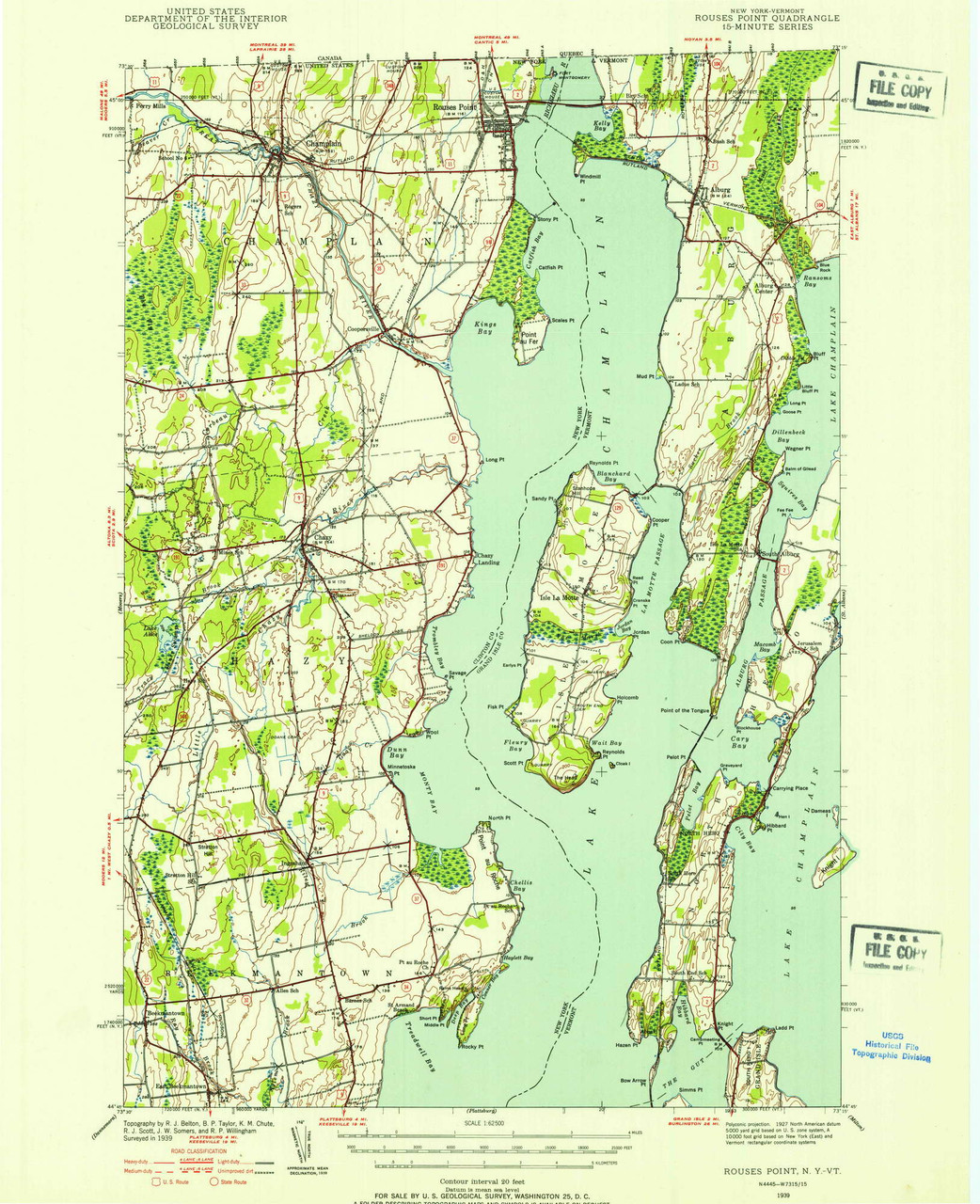 Rouses Point, New York 1939 () USGS Old Topo Map Reprint 15x15 VT Quad