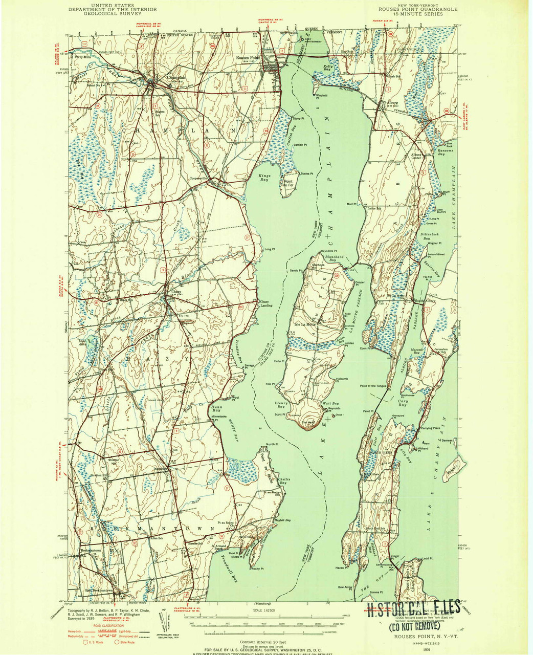 Rouses Point, New York 1939 () USGS Old Topo Map Reprint 15x15 VT Quad 129236 OLD MAPS