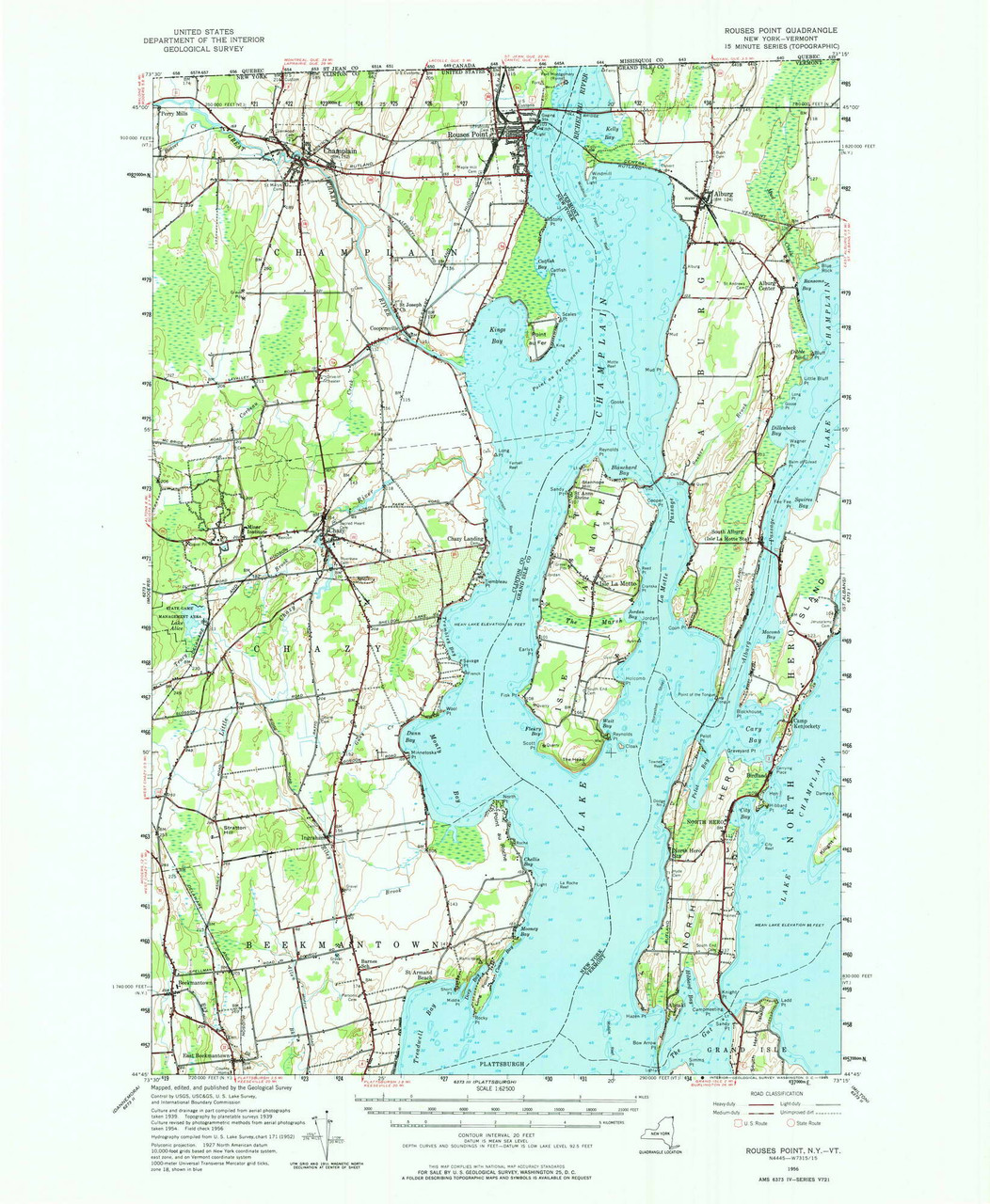 Rouses Point, New York 1956 (1965) USGS Old Topo Map Reprint 15x15 VT