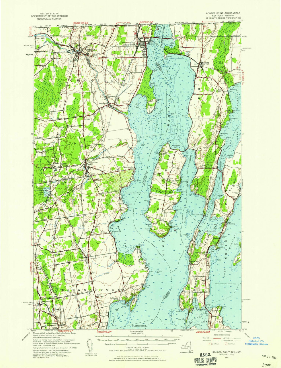 Rouses Point, New York 1956 (1958) USGS Old Topo Map Reprint 15x15 VT