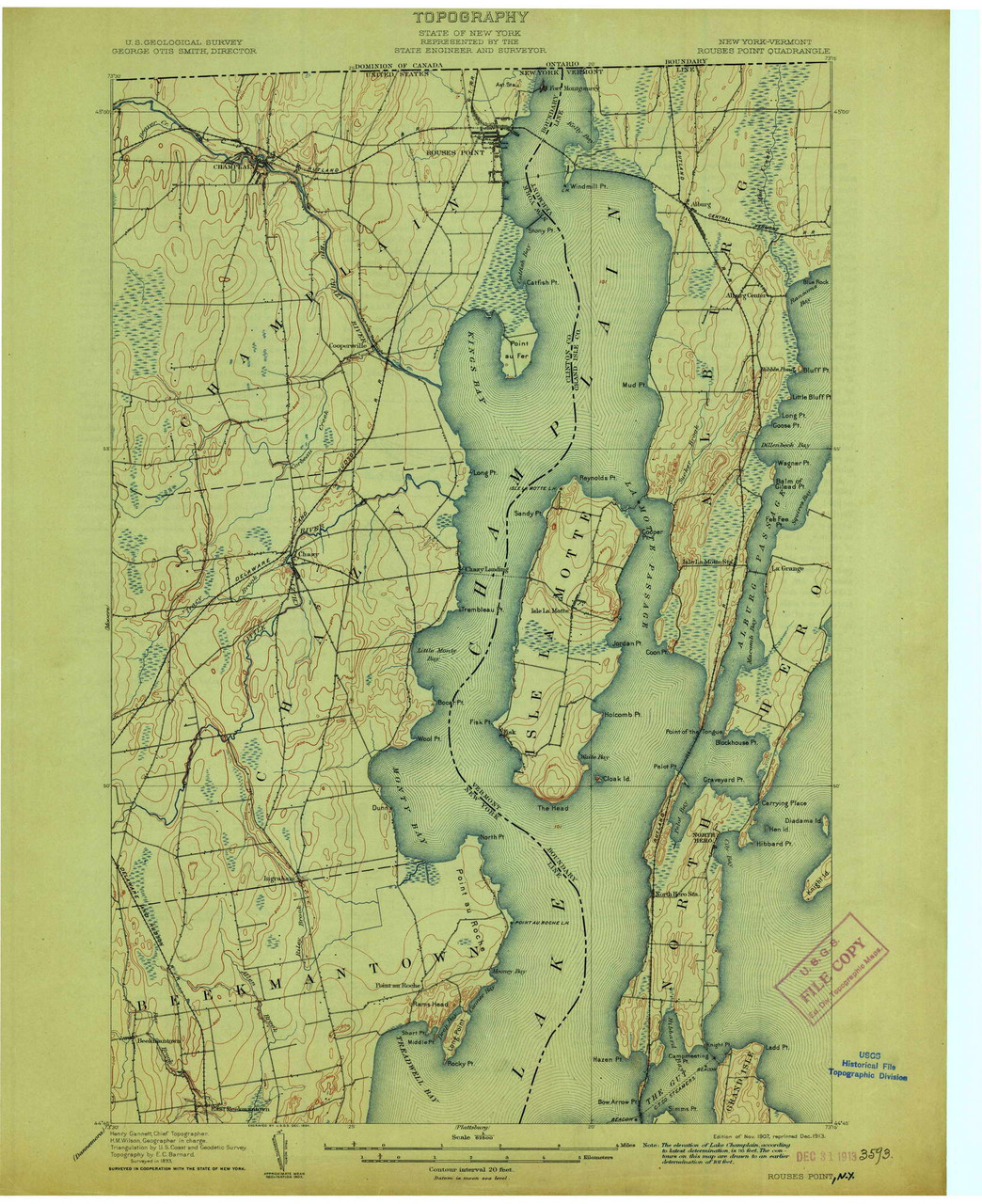 Rouses Point, New York 1907 (1913) USGS Old Topo Map Reprint 15x15 VT