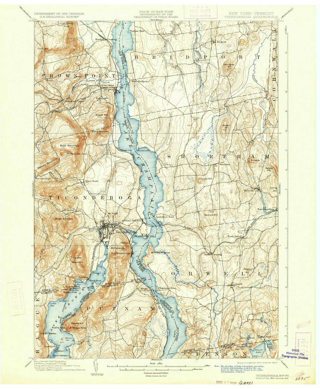 Ticonderoga, New York 1902 (1933) USGS Old Topo Map Reprint 15x15 VT