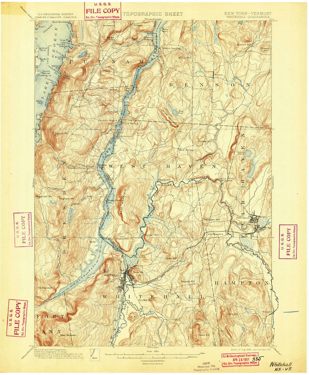 Whitehall, New York 1898 (1901) USGS Old Topo Map Reprint 15x15 VT Quad