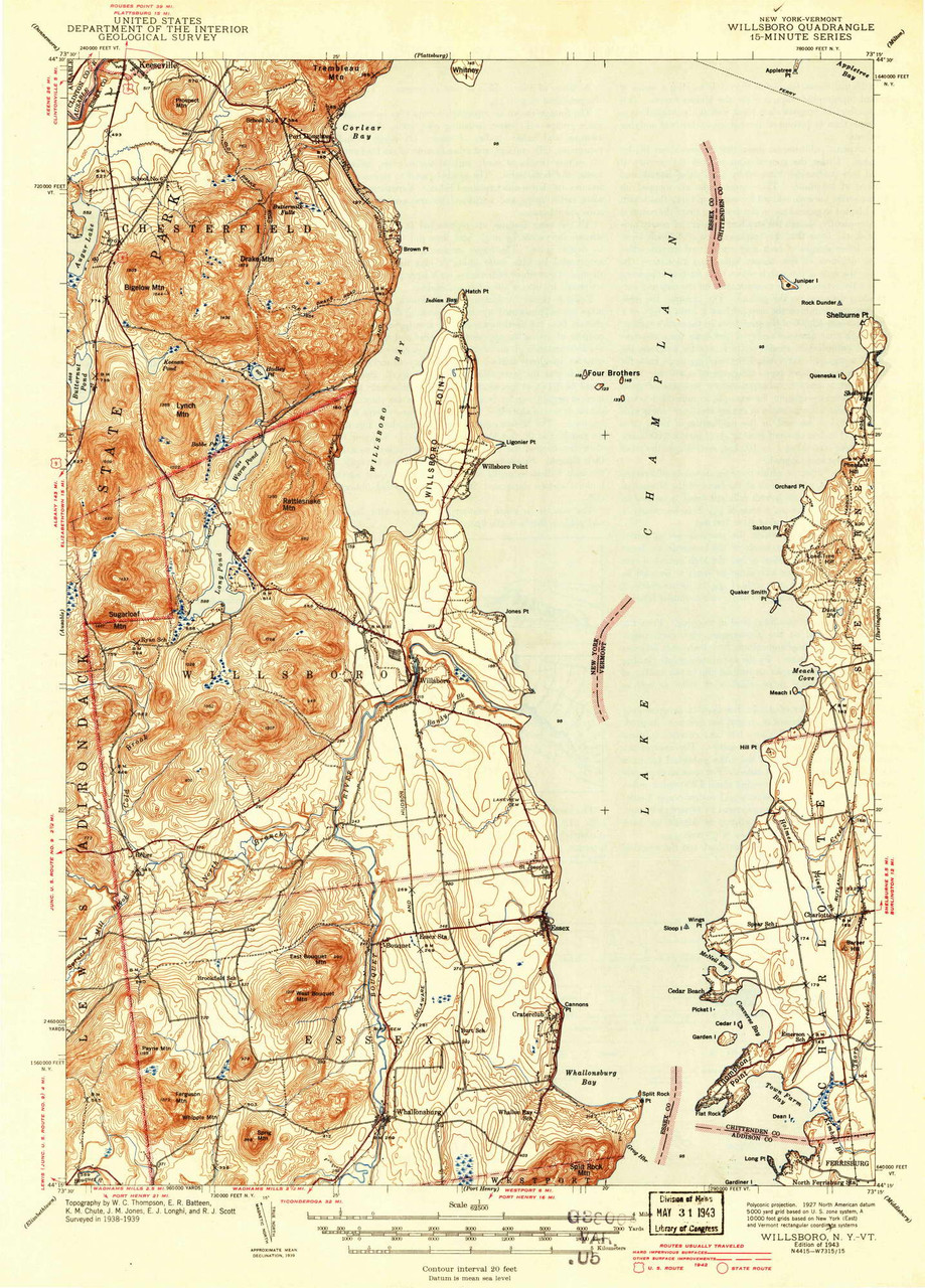 Willsboro, New York 1943 () USGS Old Topo Map Reprint 15x15 VT Quad