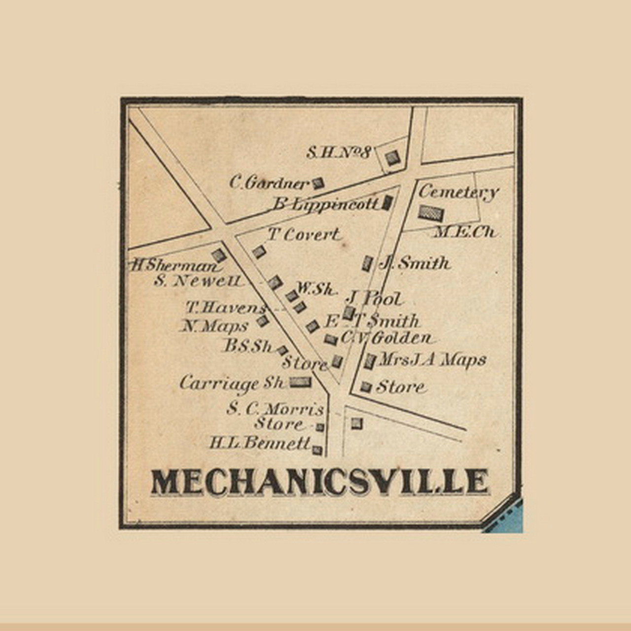Mechanicsville Ocean , New Jersey 1861 Old Town Map Custom Print