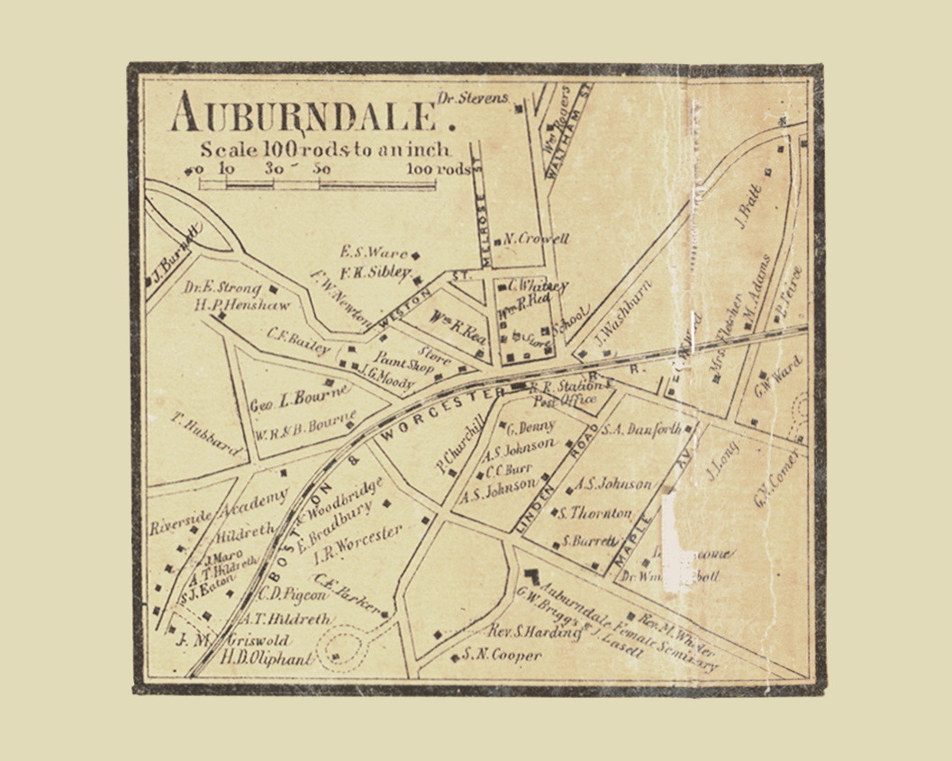 Auburndale, Newton Massachusetts 1856 Old Town Map Custom Print