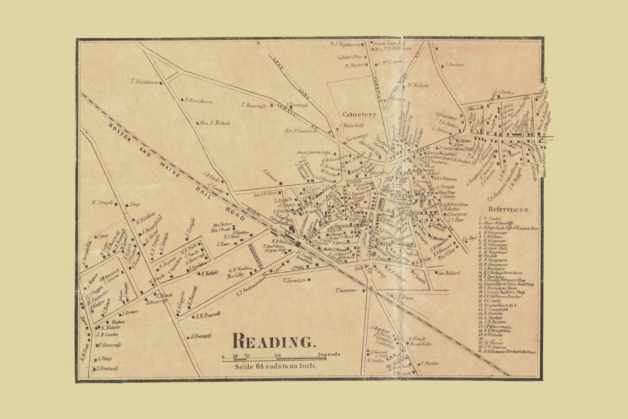 Reading, Reading Massachusetts 1856 Old Town Map Custom Print