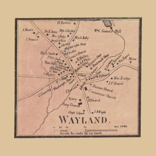 Wayland, Wayland Massachusetts 1856 Old Town Map Custom Print