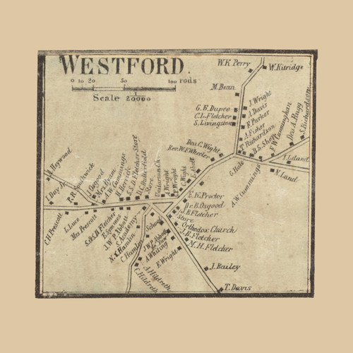 Westford, Westford Massachusetts 1856 Old Town Map Custom Print