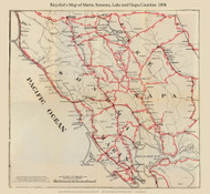 Bicyclist Map of Marin, Sonoma, Lake and Napa Counties, California 1896 - Old Map Reprint CA Regional