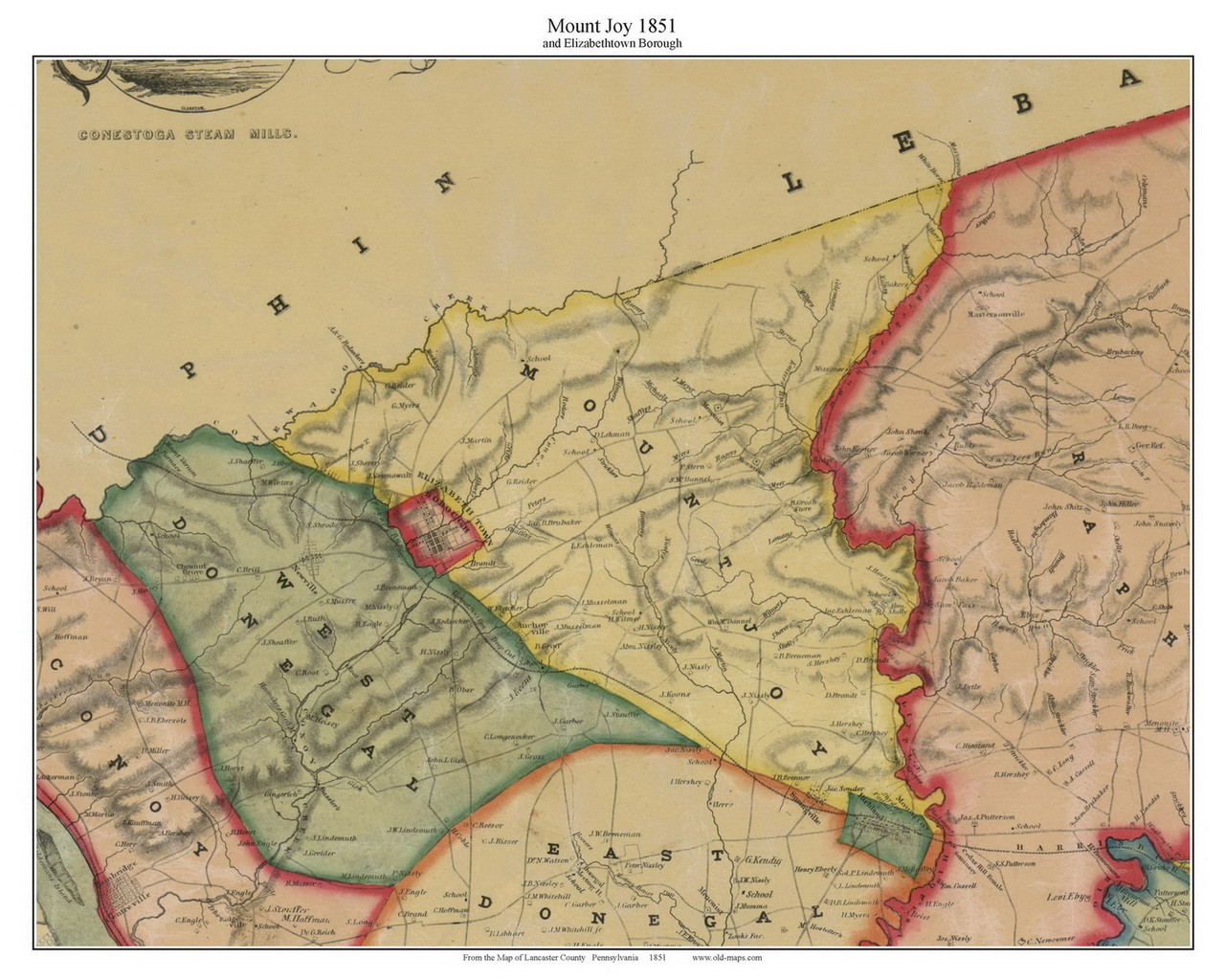 Mount Joy Elizabethtown Borough Pennsylvania 1851 Old Town Map Custom