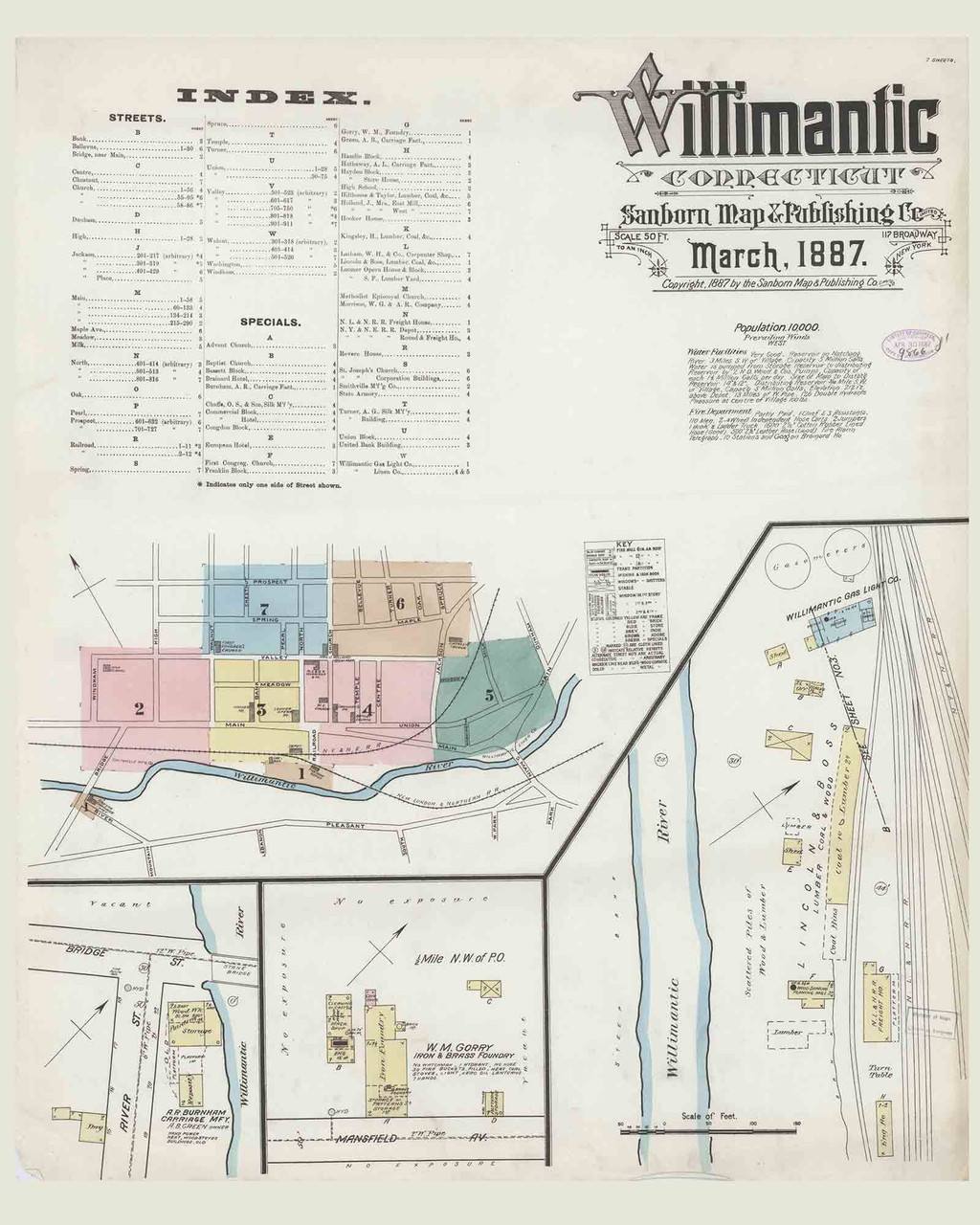 Willimantic, Connecticut 1887 Old Map Connecticut Fire Insurance