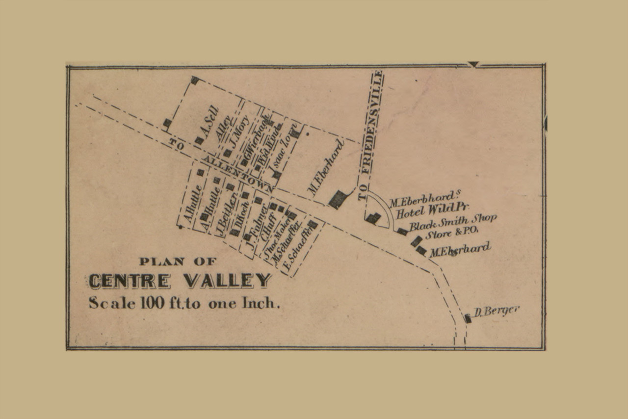 Center Valley Village Upper Saucon, Pennsylvania 1865 Old Town Map