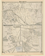 Belmont Village, Massachusetts 1875 Old Town Map Reprint - Middlesex Co.