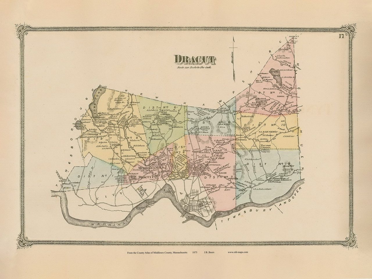 Dracut Town, Massachusetts 1875 Old Town Map Reprint