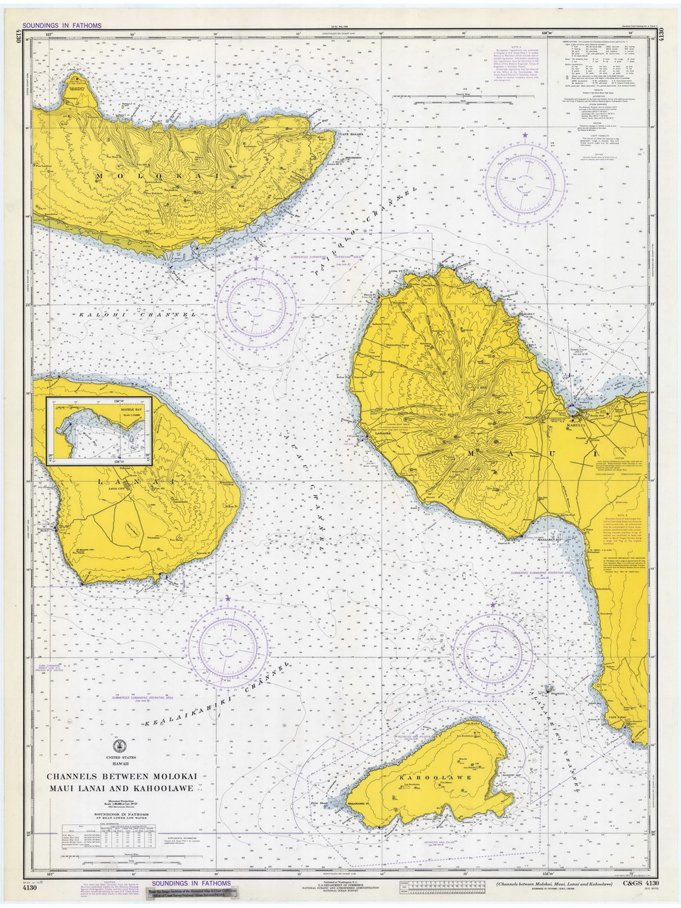 Channels Between Molokai, Maui, Lanai and Kahoolawe 1973 Nautical Chart Hawaiian Islands 4130