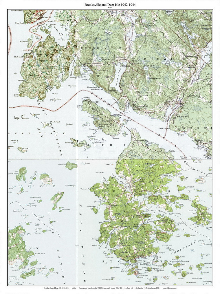 Brooksville and Deer Isle 19421944 Custom USGS Old Topo Map Maine