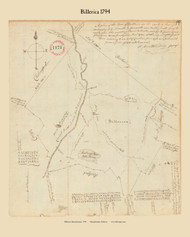 Billerica, Massachusetts 1794 Old Town Map Reprint - Roads Place Names House Sites Massachusetts Archives
