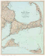 Cape Cod and the Islands 1917 Walker (Light Blue Water & Blue Roads) - Old Map Reprint