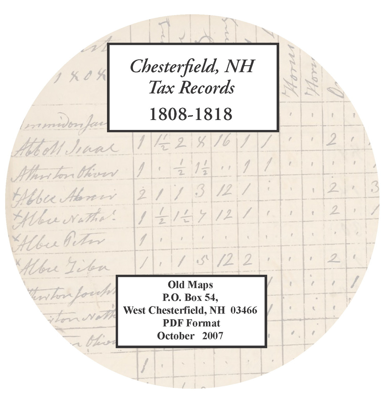 Chesterfield, New Hampshire Tax Records, 1808 1818, CDROM OLD MAPS