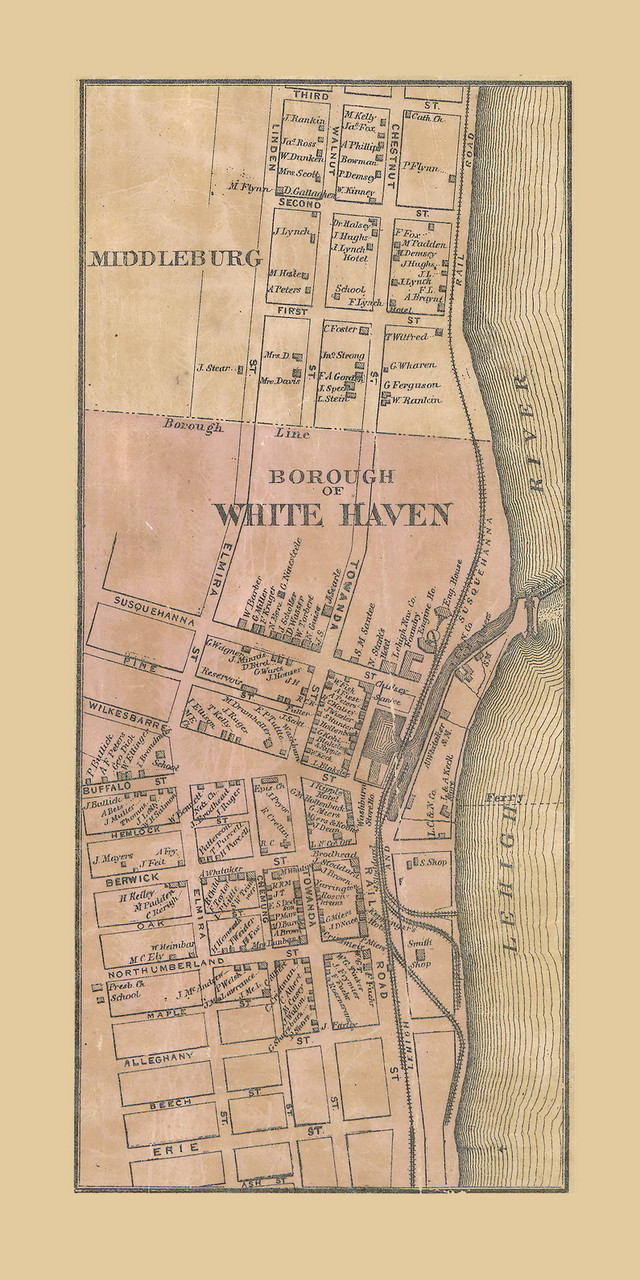 White Haven Borough, Pennsylvania 1864 Old Town Map Custom Print