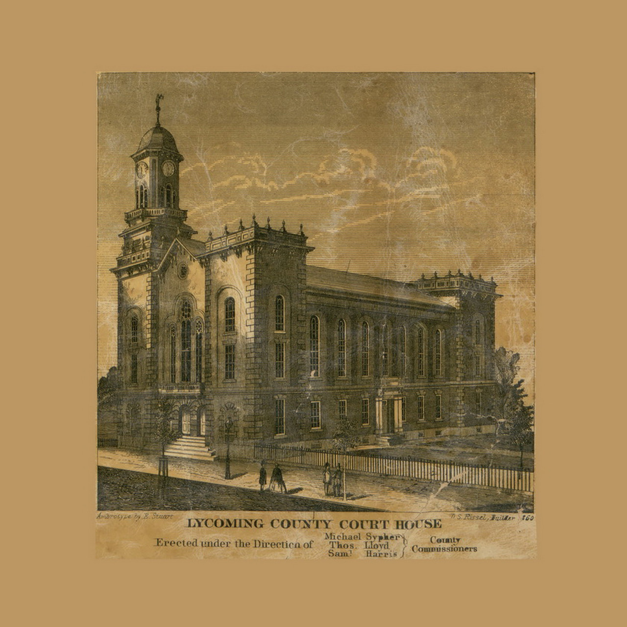 Lycoming County Court House Pennsylvania 1861 Old Town Map Custom