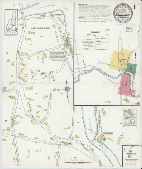 Henniker, New Hampshire 1917 Old Map New Hampshire Fire Insurance