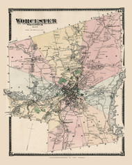 Worcester, Massachusetts 1870 Old Map Reprint - Worcester Co. Atlas 64