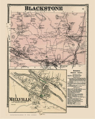 Blackstone and Millville Village, Massachusetts 1870 Old Map Reprint - Worcester Co. Atlas 98