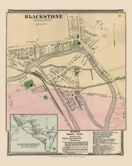 Blackstone and East Blackstone Villages, Massachusetts 1870 Old Map Reprint - Worcester Co. Atlas 99