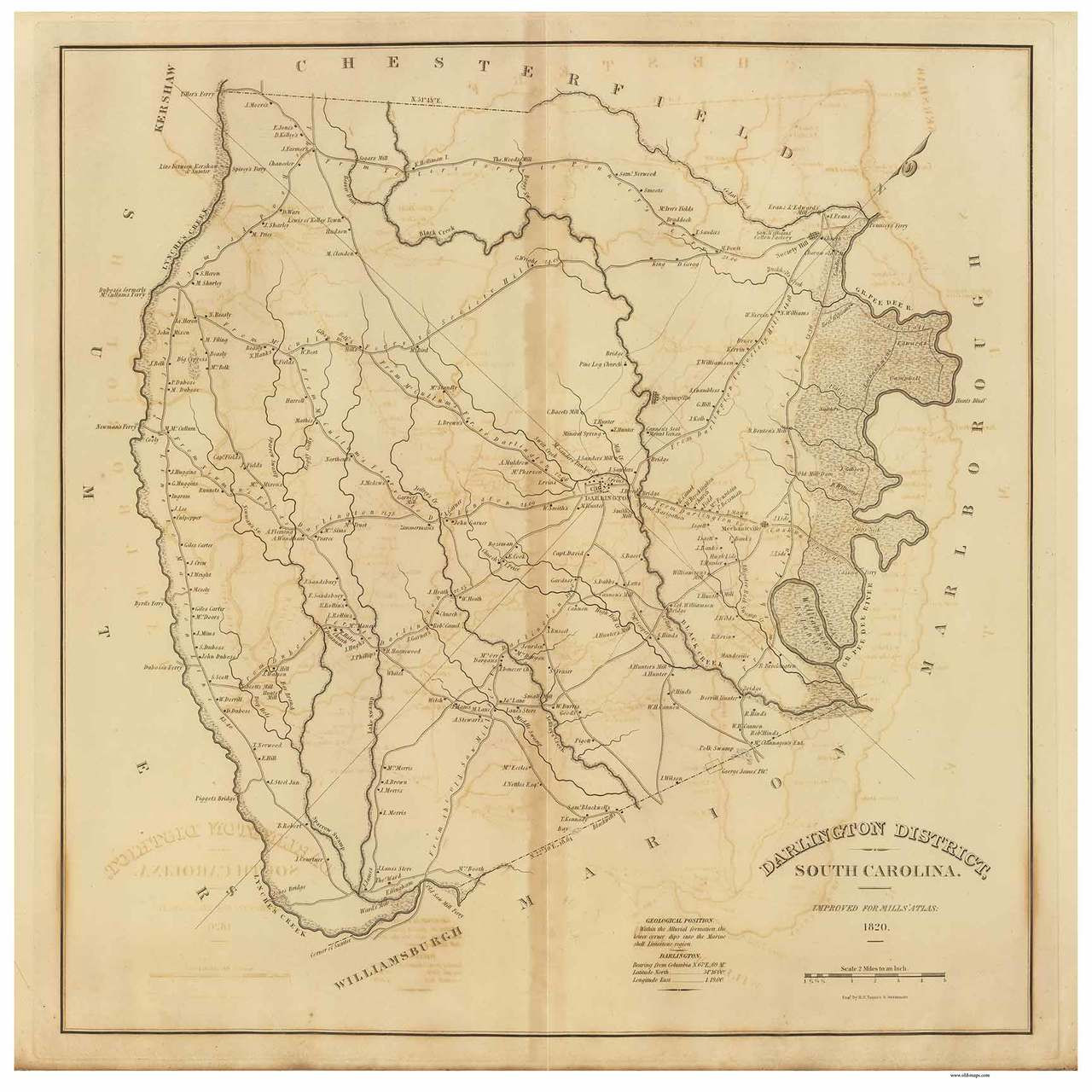 Darlington  District South Carolina 1820 Mills' Atlas Map 24"x19" 