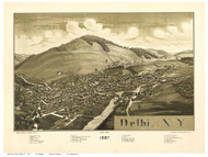 Delhi, New York 1887 Bird's Eye View - Old Map Reprint