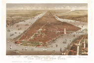 New York City ca 1884 Bird's Eye View - Old Map Reprint