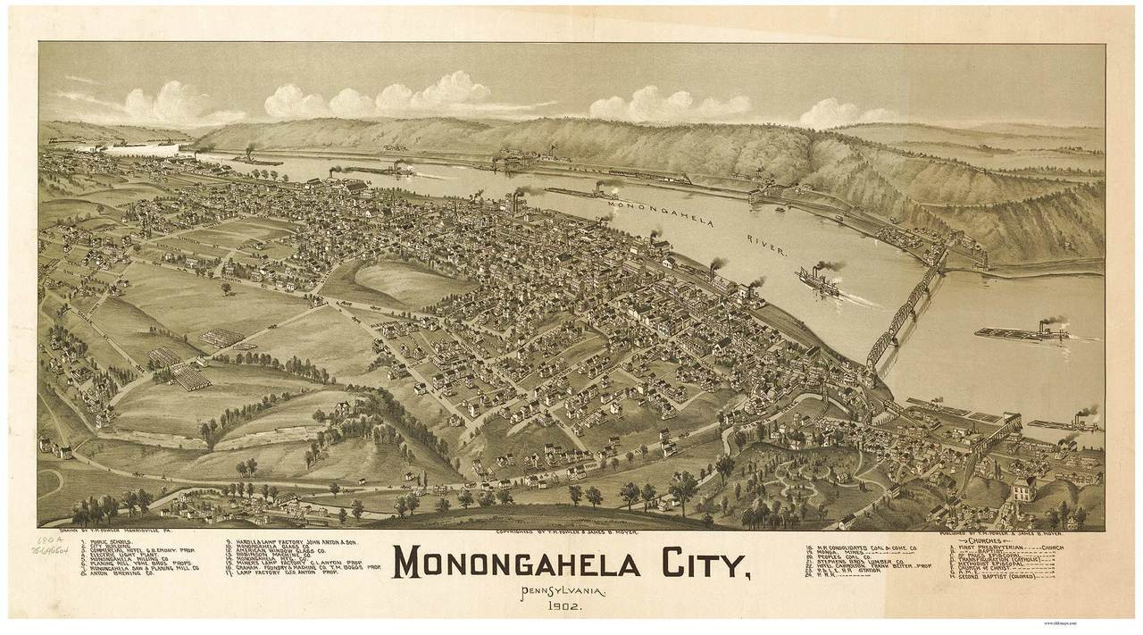 Monongahela, Pennsylvania 1902 Bird's Eye View - Old Map Reprint - OLD MAPS