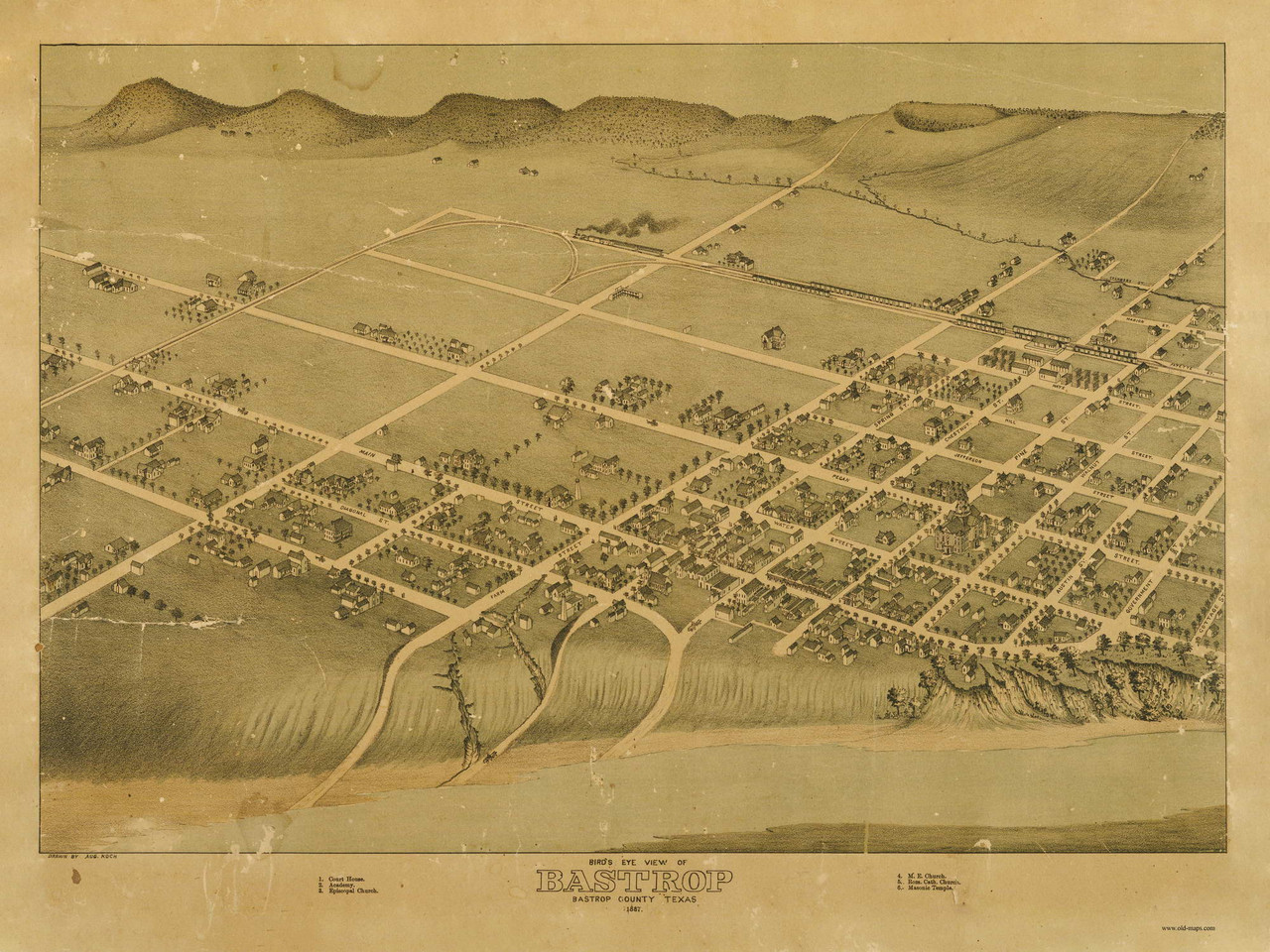Bastrop, Texas 1887 Bird's Eye View OLD MAPS
