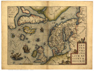 Greenland, England, and Scandinavia, 1570 Ortelius - Old Map Reprint - World