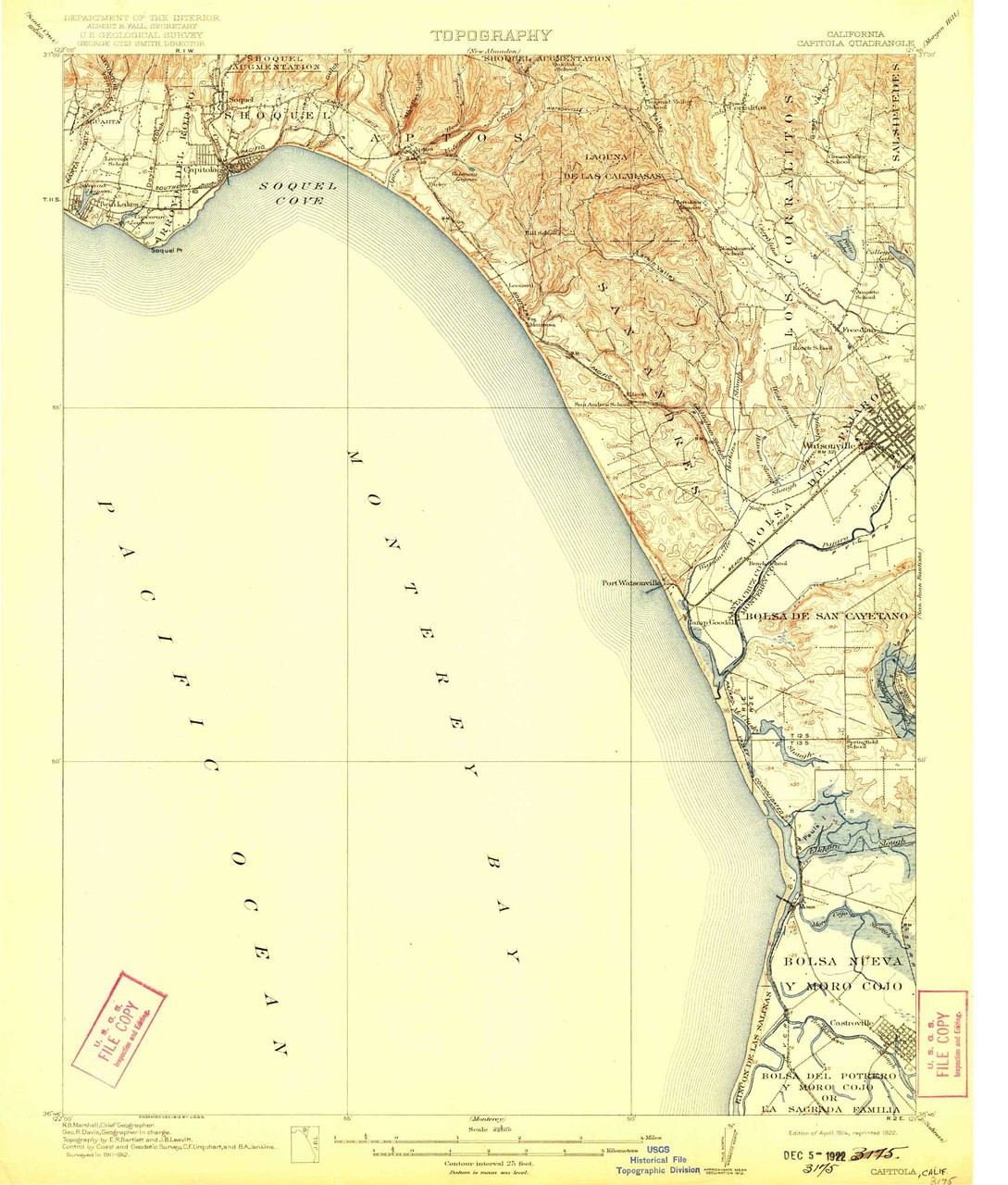 Capitola, California 1914 (1922) USGS Old Topo Map 15x15 Quad OLD MAPS