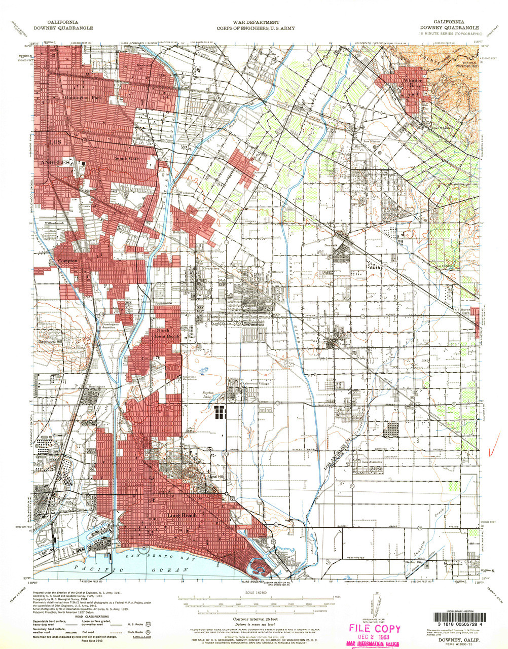 Downey, California 1943 (1963b) USGS Old Topo Map 15x15 Quad OLD MAPS