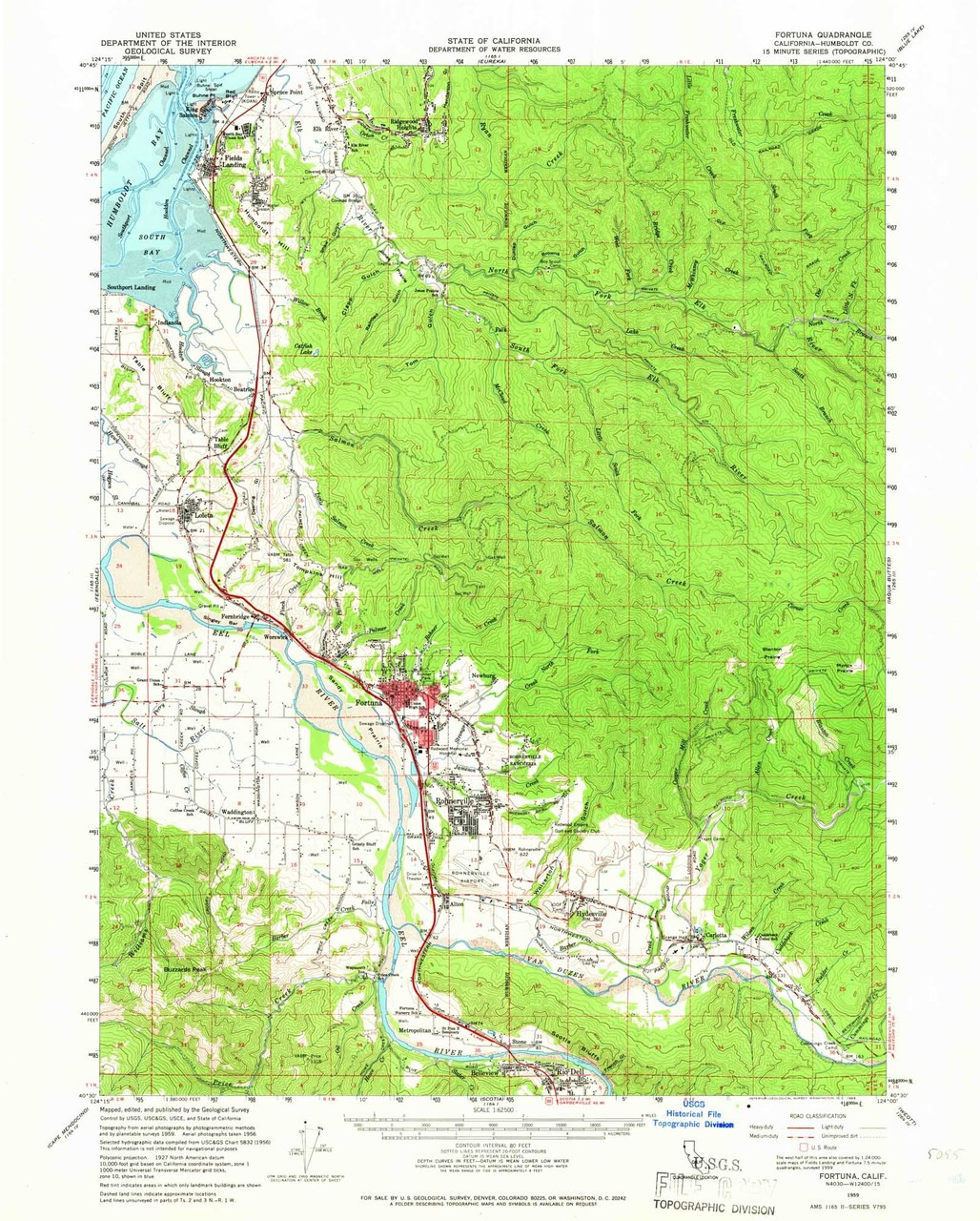 Fortuna, California 1959 (1966) USGS Old Topo Map 15x15 Quad OLD MAPS