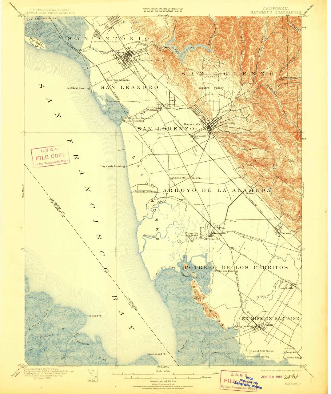 Haywards, California 1899 (1910) USGS Old Topo Map 15x15 Quad OLD MAPS