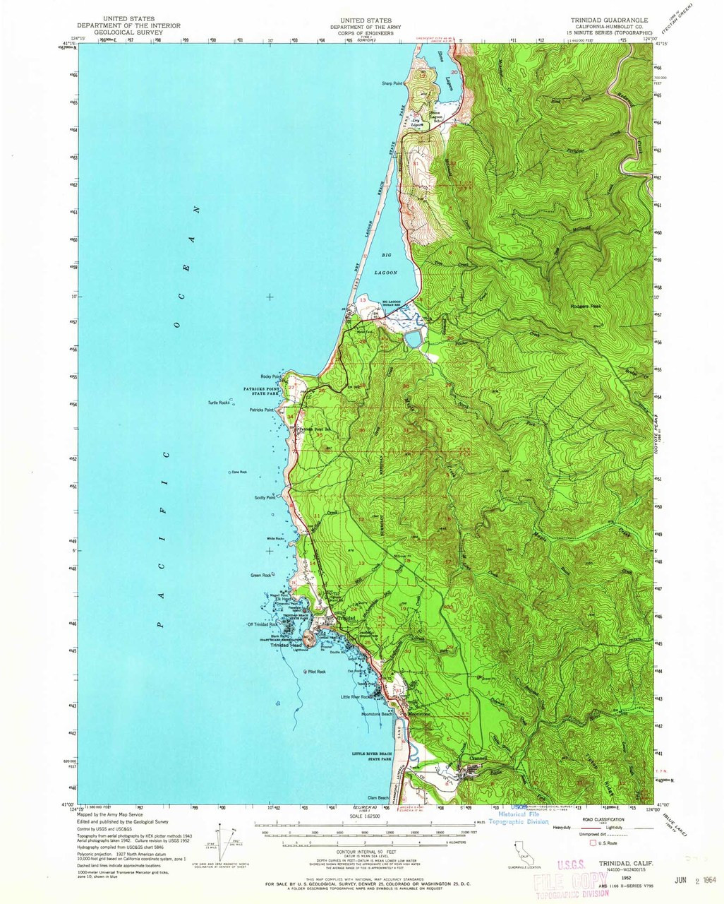 Trinidad, California 1952 (1964) USGS Old Topo Map 15x15 Quad OLD MAPS