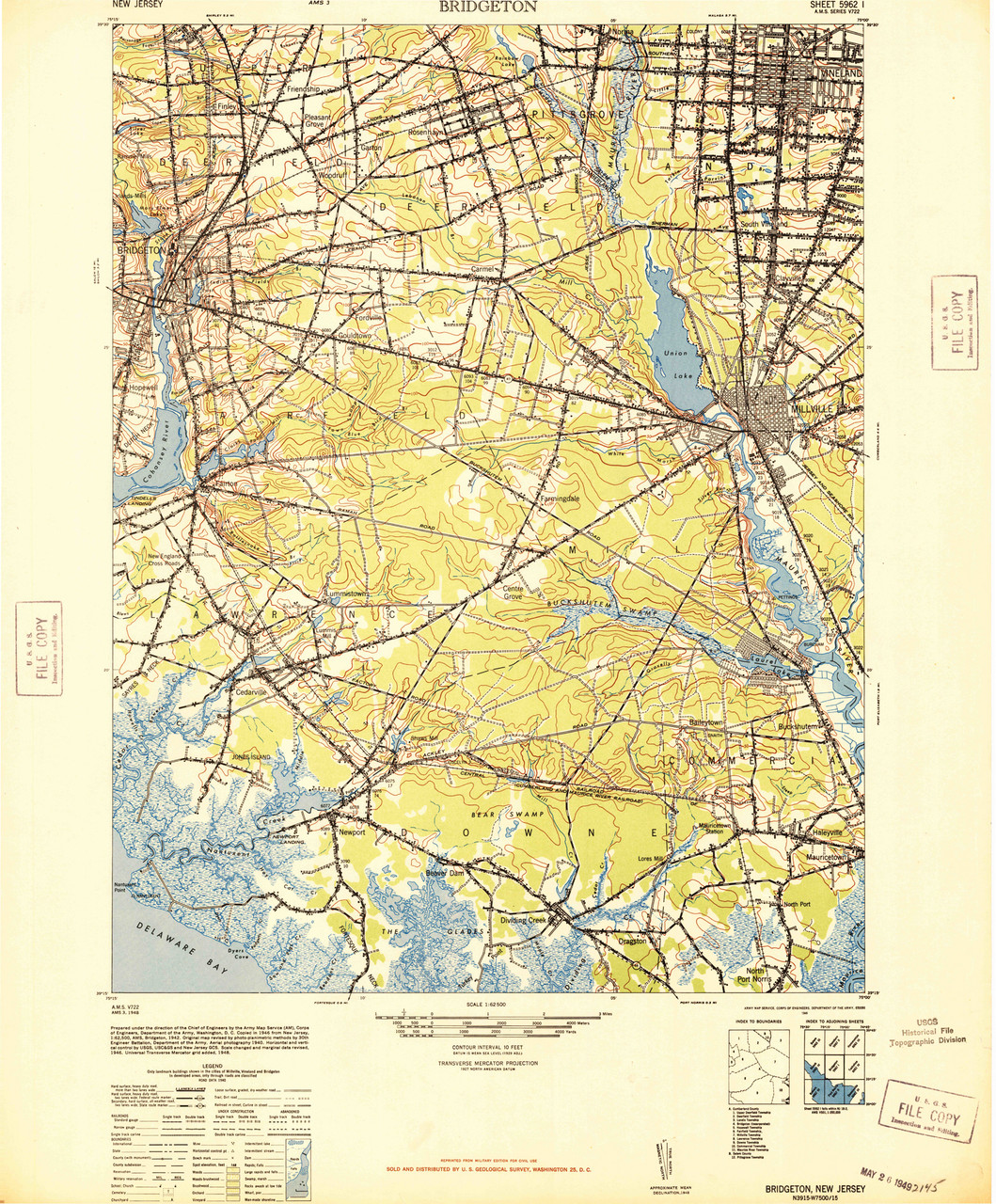 Bridgeton, New Jersey 1948 (1948a) USGS Old Topo Map 15x15 Quad OLD MAPS