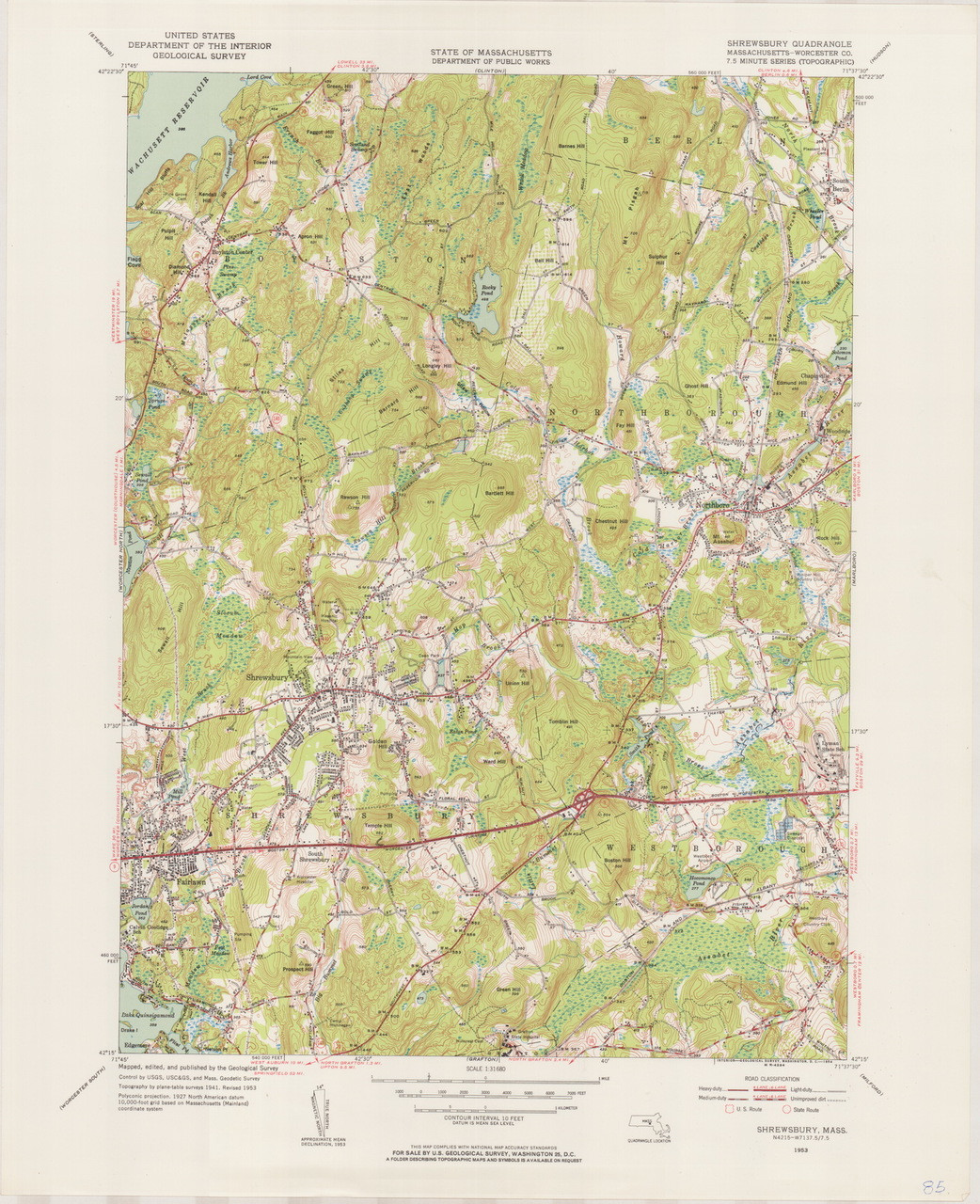 Shrewsbury, MA 19531954 Original USGS Old Topo Map 7x7 Quad 31680 MA