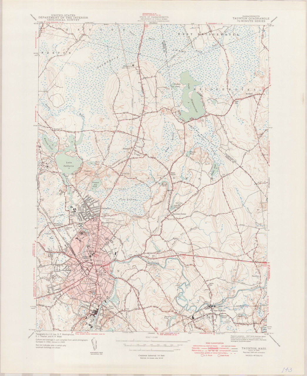 Taunton, MA 19441949 Original USGS Old Topo Map 7x7 Quad 31680 MA