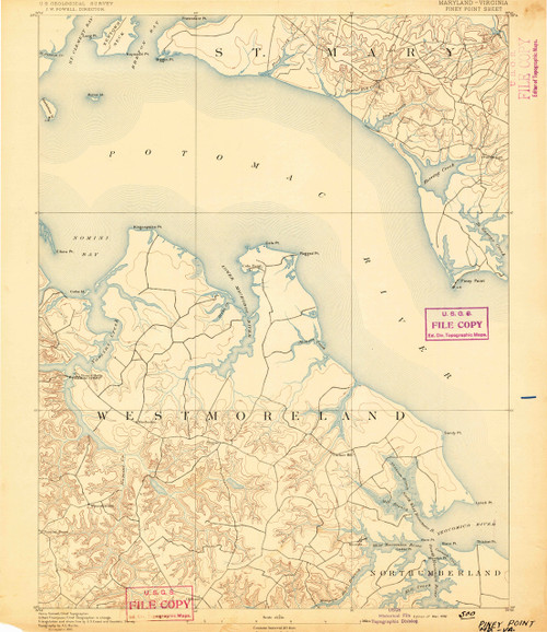 Piney Point, Maryland 1892 (1894) USGS Old Topo Map 15x15 Quad OLD MAPS