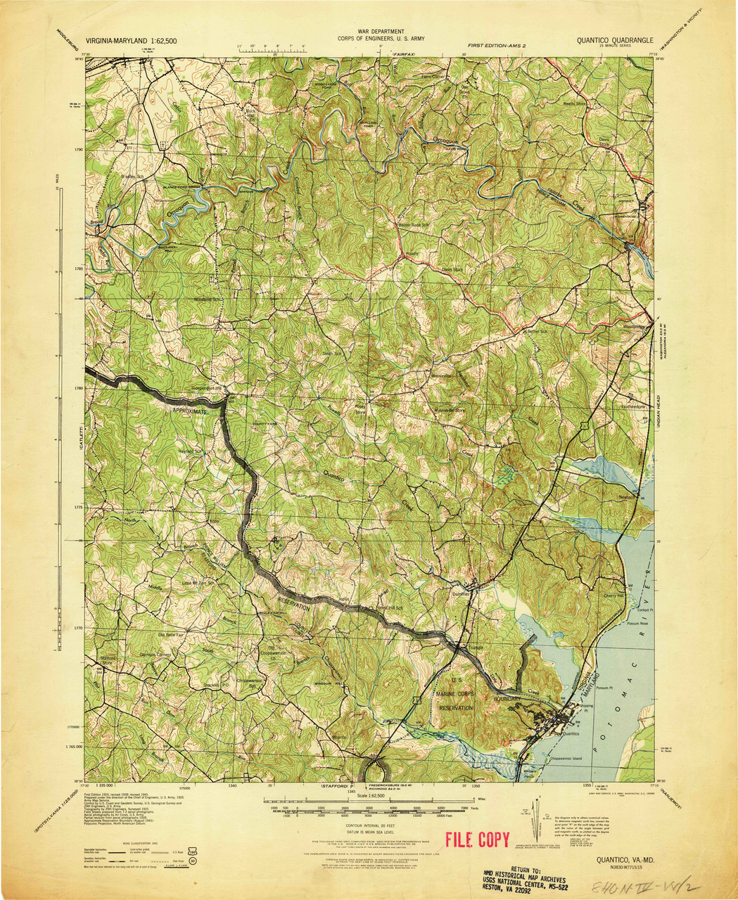 Quantico, Virginia 1943 (1943) USGS Old Topo Map 15x15 Quad OLD MAPS