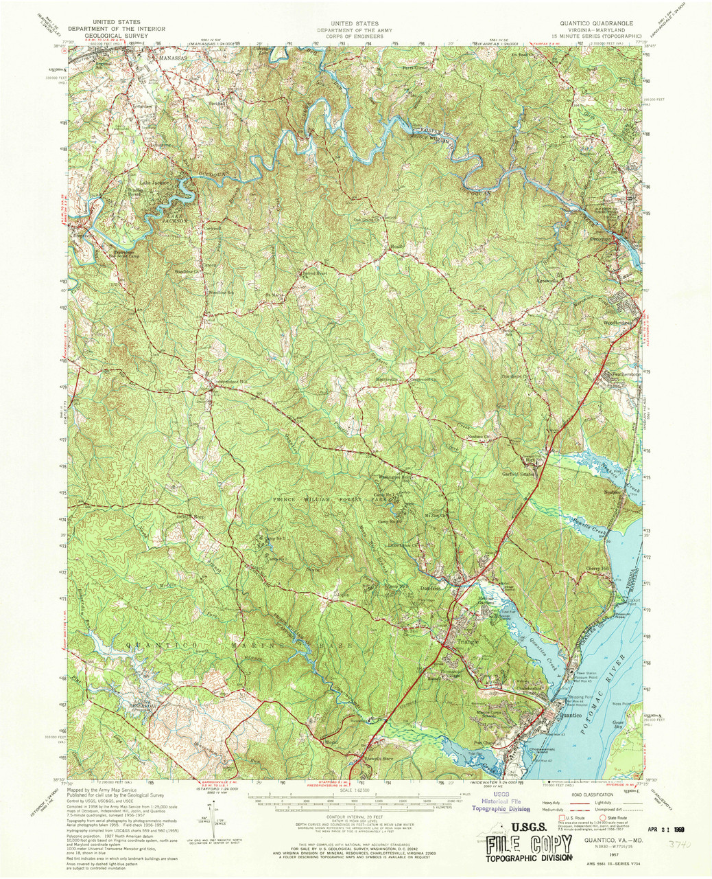 Quantico, Virginia 1957 (1969) USGS Old Topo Map 15x15 Quad OLD MAPS