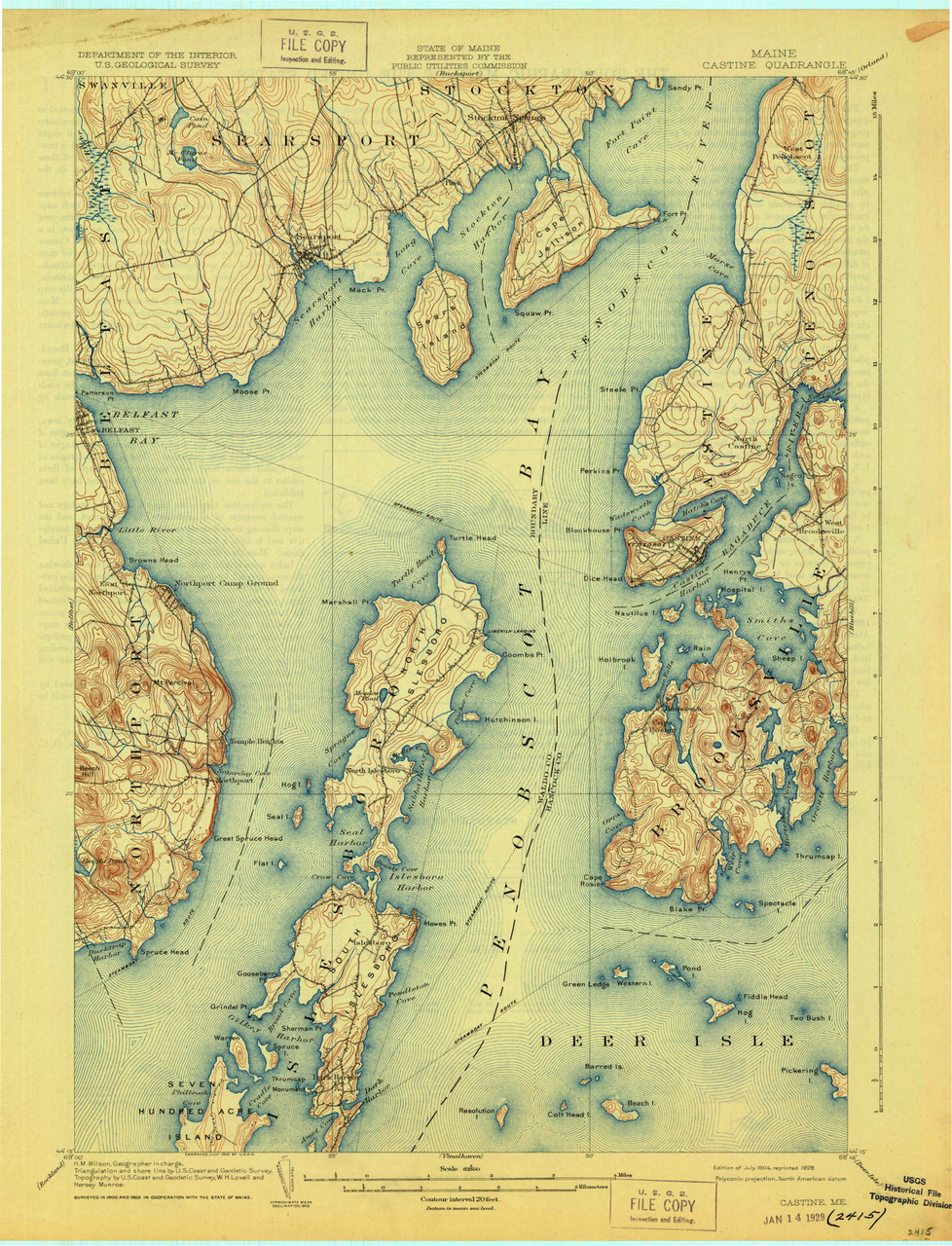 Castine, Maine 1904 (1928) USGS Old Topo Map 15x15 Quad OLD MAPS